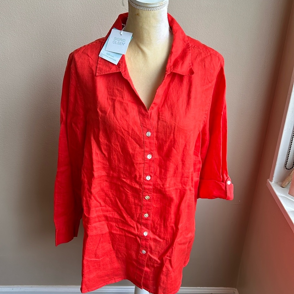 Sigrid Olsen Womens Plus Sz 2X Linen Shirt Top New Burnt Orange Roll Tab Sleeve